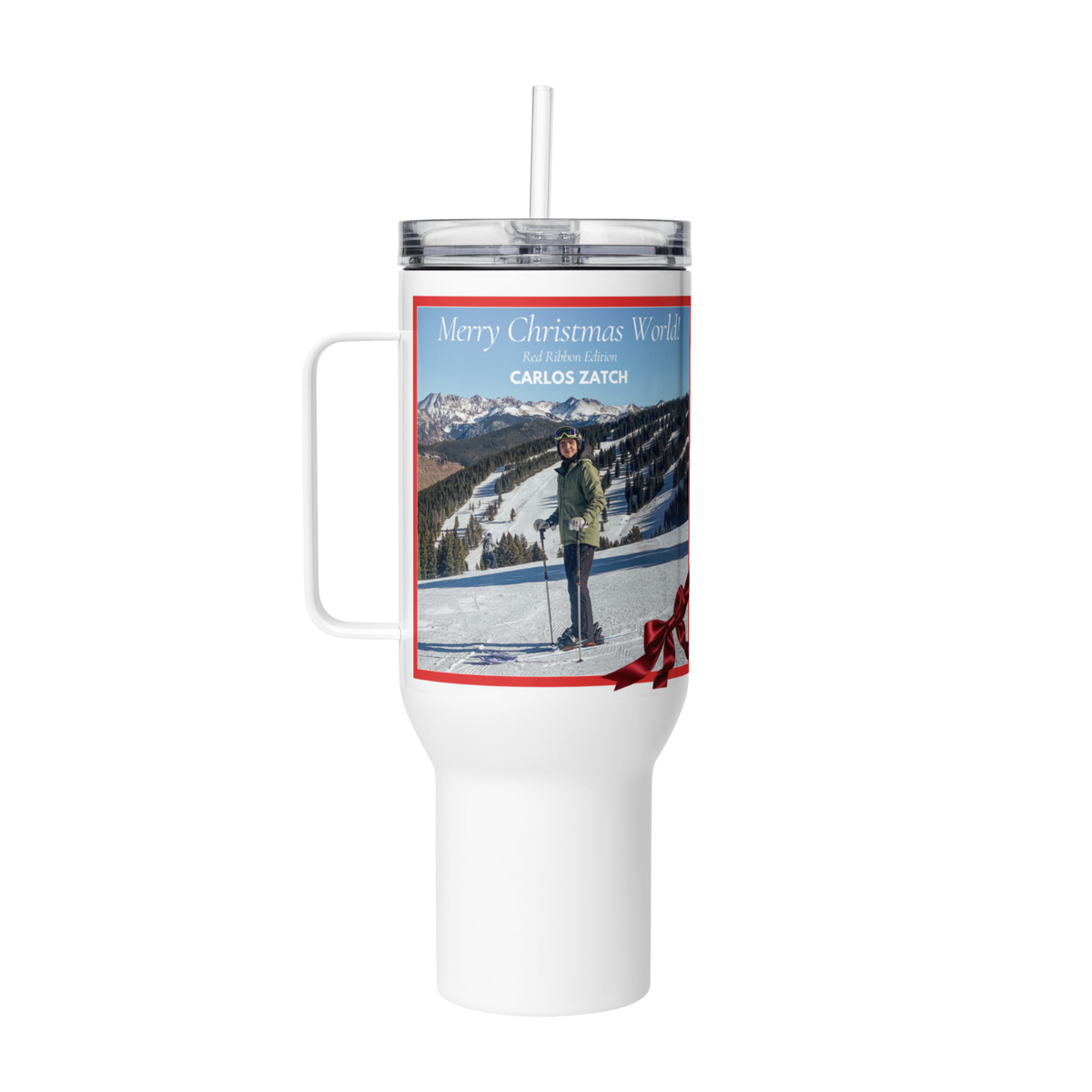 Christmas Is Love Travel Mug with Handle | Red Ribbon Edition
